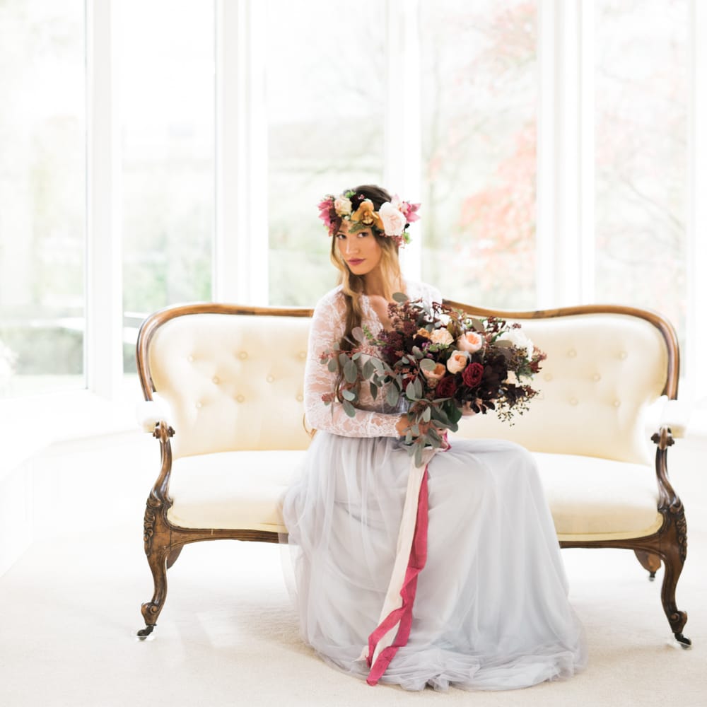 Bride in Flower Crown & Blue Tulle Skirt | Autumnal Decadence Wedding Inspiration at Twyning Park Styled by For The Love of Weddings | Red, Gold & Blush Colour Scheme | Captured by Katrina Photography