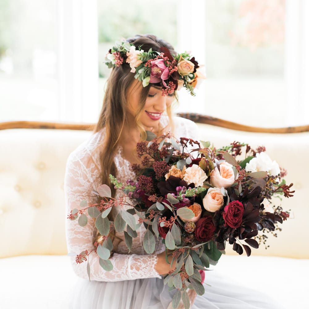 Bridal Beauty with Bouquet & Flower Crown | Autumnal Decadence Wedding Inspiration at Twyning Park Styled by For The Love of Weddings | Red, Gold & Blush Colour Scheme | Captured by Katrina Photography
