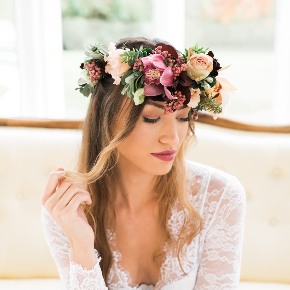 Flower Crown | Autumnal Decadence Wedding Inspiration at Twyning Park Styled by For The Love of Weddings | Red, Gold & Blush Colour Scheme | Captured by Katrina Photography