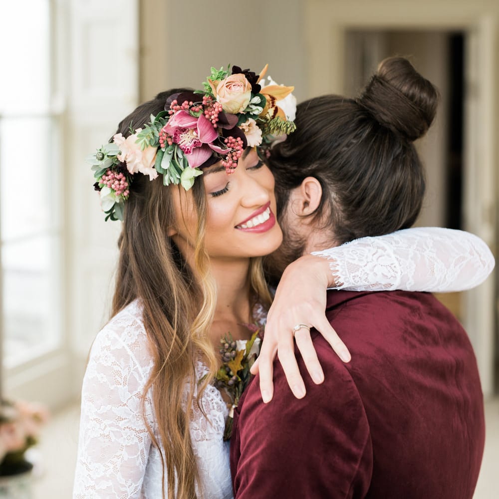 Bride & Groom | Flower Crown | Autumnal Decadence Wedding Inspiration at Twyning Park Styled by For The Love of Weddings | Red, Gold & Blush Colour Scheme | Captured by Katrina Photography