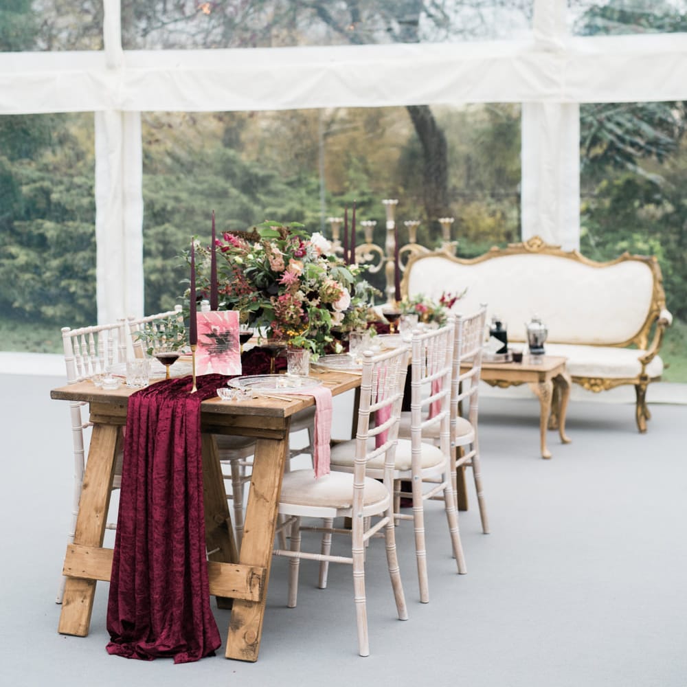 Elegant Tablescape | Autumnal Decadence Wedding Inspiration at Twyning Park Styled by For The Love of Weddings | Red, Gold & Blush Colour Scheme | Captured by Katrina Photography