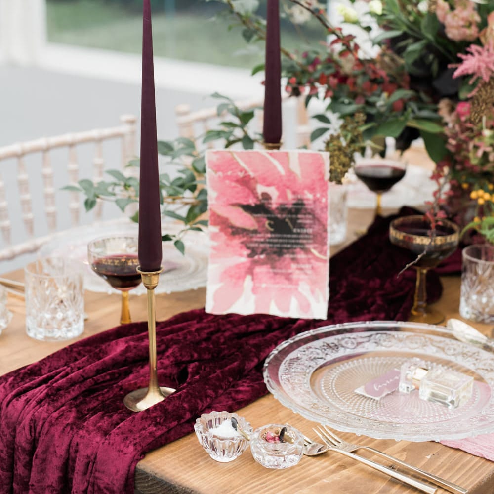 Taper Candles Wedding Stationery & Floral Centrepieces | Autumnal Decadence Wedding Inspiration at Twyning Park Styled by For The Love of Weddings | Red, Gold & Blush Colour Scheme | Captured by Katrina Photography