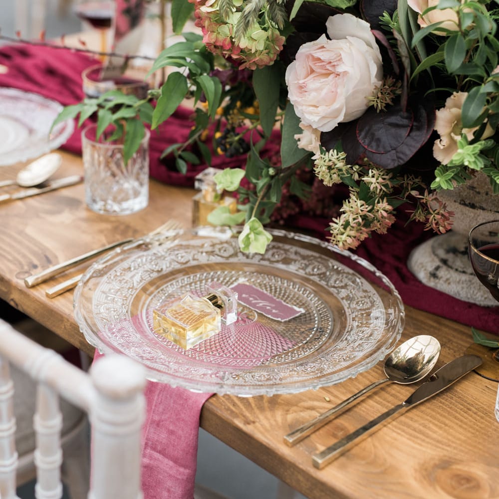 Glass Platter & Scented Wedding Favour | Autumnal Decadence Wedding Inspiration at Twyning Park Styled by For The Love of Weddings | Red, Gold & Blush Colour Scheme | Captured by Katrina Photography