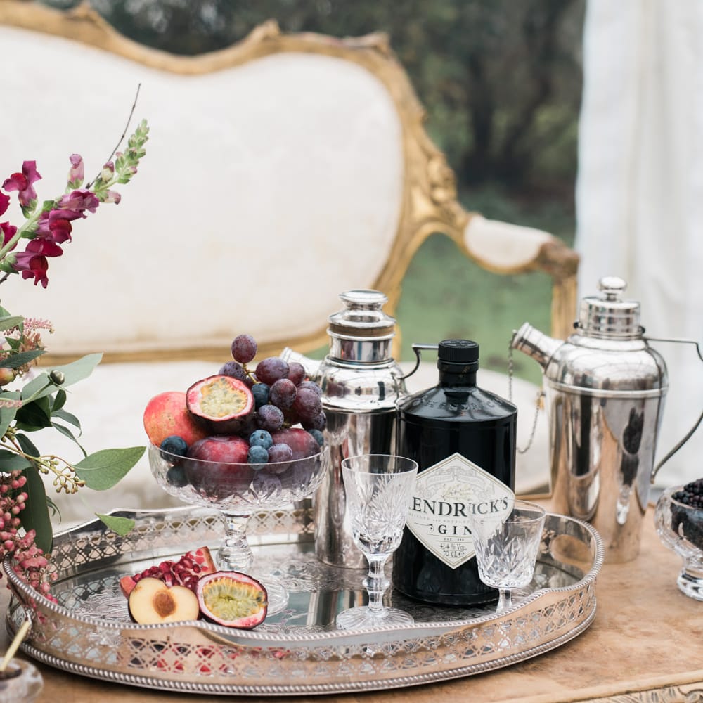 Cocktail Tray | Autumnal Decadence Wedding Inspiration at Twyning Park Styled by For The Love of Weddings | Red, Gold & Blush Colour Scheme | Captured by Katrina Photography