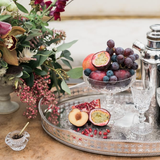 Cocktail Tray with Hendricks Gin | Autumnal Decadence Wedding Inspiration at Twyning Park Styled by For The Love of Weddings | Red, Gold & Blush Colour Scheme | Captured by Katrina Photography