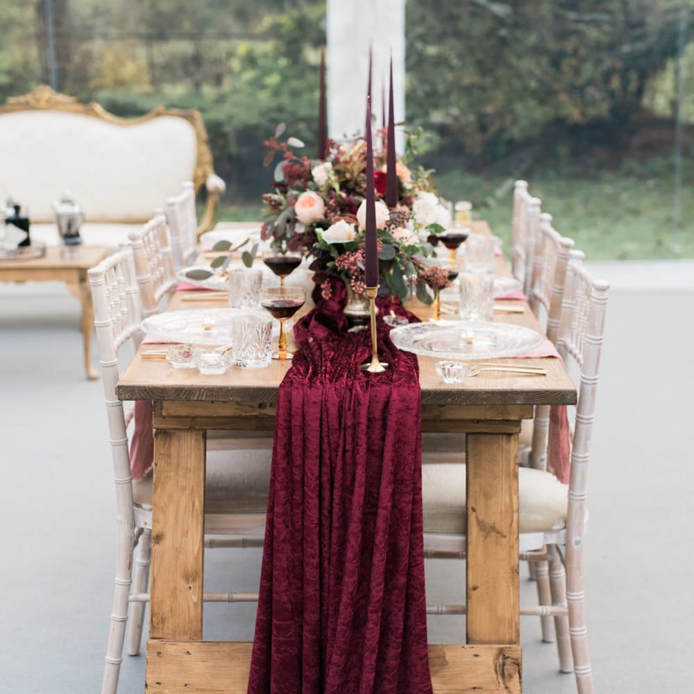 Elegant Tablescape | Autumnal Decadence Wedding Inspiration at Twyning Park Styled by For The Love of Weddings | Red, Gold & Blush Colour Scheme | Captured by Katrina Photography