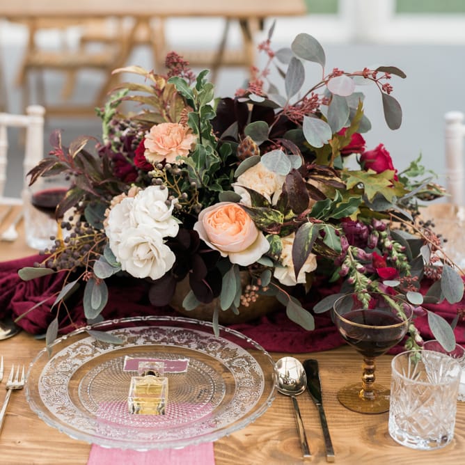 Elegant Glass Place Setting | Autumnal Decadence Wedding Inspiration at Twyning Park Styled by For The Love of Weddings | Red, Gold & Blush Colour Scheme | Captured by Katrina Photography