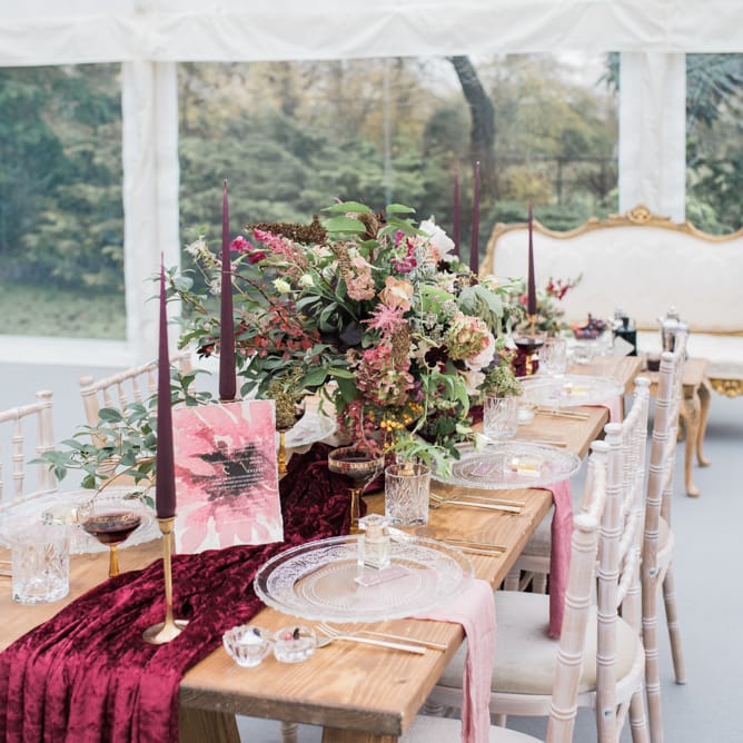 Tabel Scape with Taper Candles & Velvet Runner | Autumnal Decadence Wedding Inspiration at Twyning Park Styled by For The Love of Weddings | Red, Gold & Blush Colour Scheme | Captured by Katrina Photography