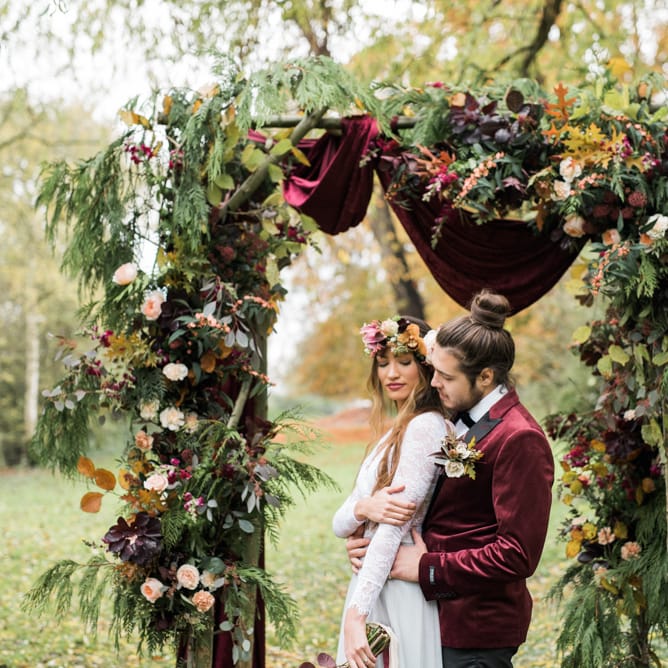 Woodland Floral Arch | Stylish Bride & Groom | Autumnal Decadence Wedding Inspiration at Twyning Park Styled by For The Love of Weddings | Red, Gold & Blush Colour Scheme | Captured by Katrina Photography