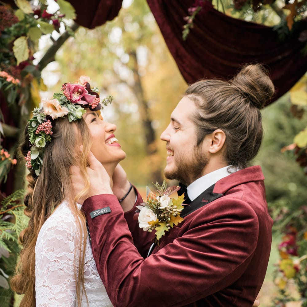 Woodland Floral Arch | Stylish Bride & Groom | Autumnal Decadence Wedding Inspiration at Twyning Park Styled by For The Love of Weddings | Red, Gold & Blush Colour Scheme | Captured by Katrina Photography