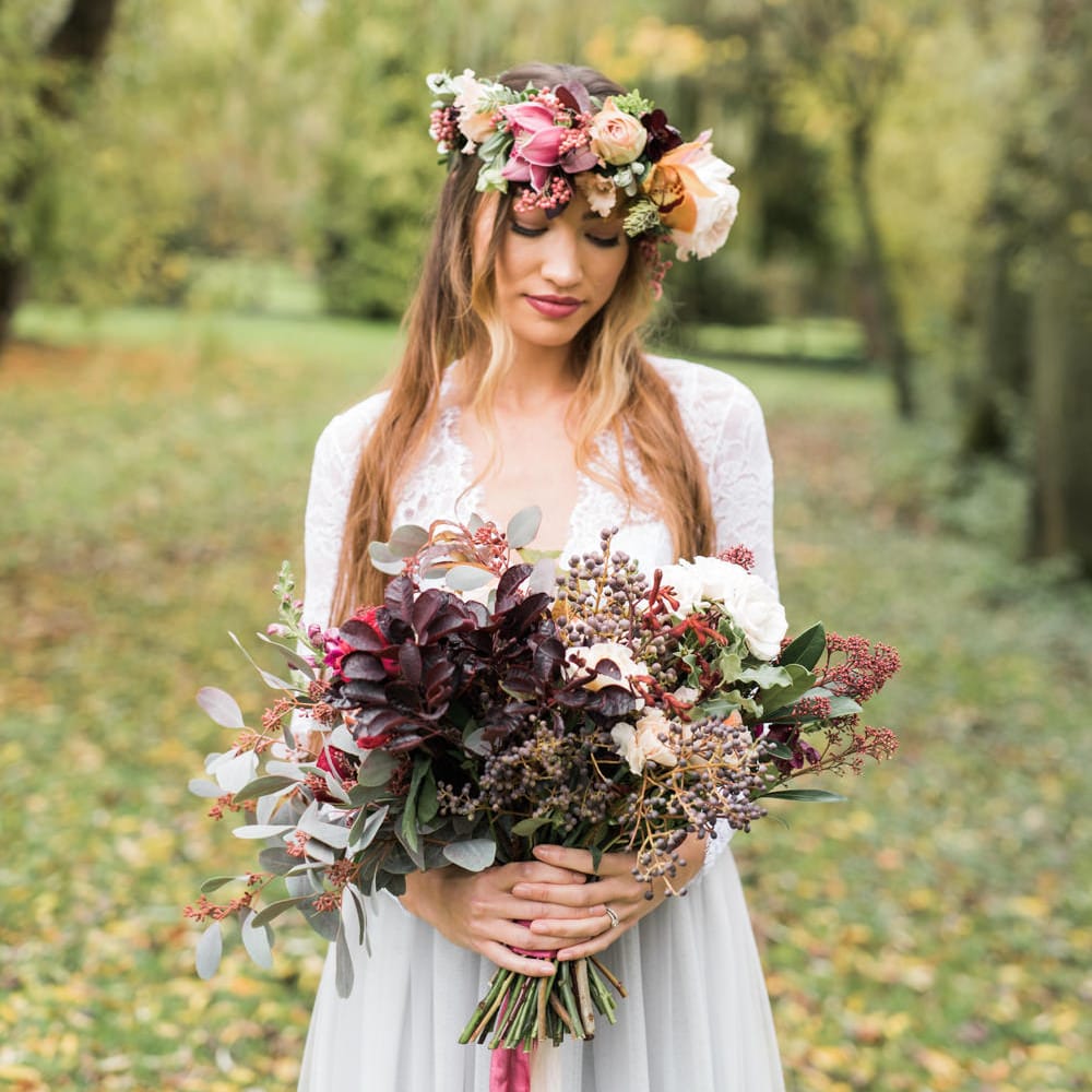 Stylish Bride in Flower Crown | Autumnal Decadence Wedding Inspiration at Twyning Park Styled by For The Love of Weddings | Red, Gold & Blush Colour Scheme | Captured by Katrina Photography
