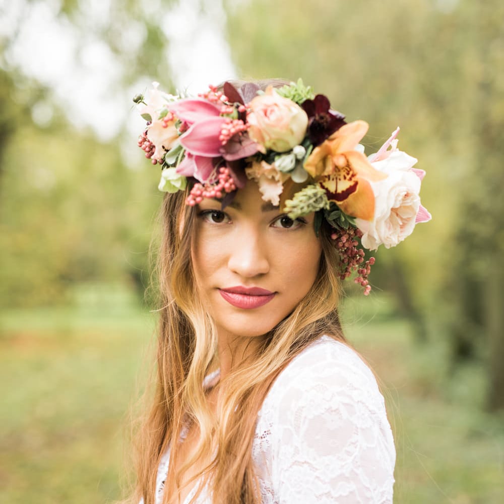 Beautiful Bride in Flower Crown | Autumnal Decadence Wedding Inspiration at Twyning Park Styled by For The Love of Weddings | Red, Gold & Blush Colour Scheme | Captured by Katrina Photography