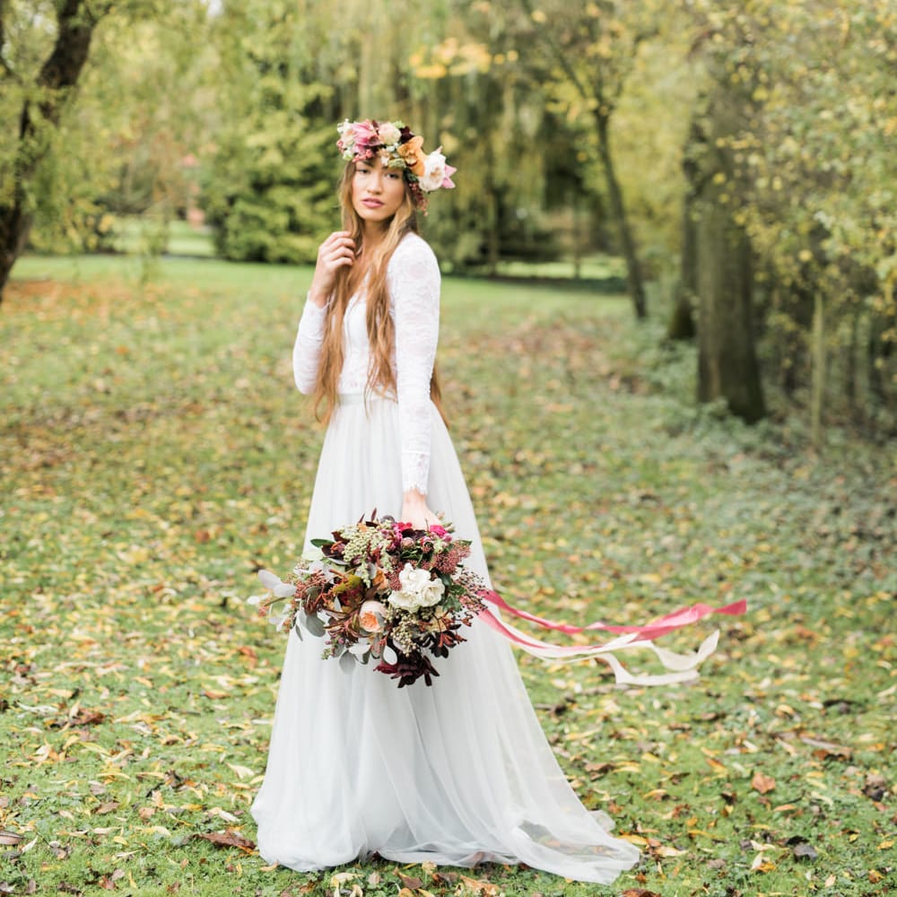 Stylish Bride in in Blue Tulle Skirt | Autumnal Decadence Wedding Inspiration at Twyning Park Styled by For The Love of Weddings | Red, Gold & Blush Colour Scheme | Captured by Katrina Photography