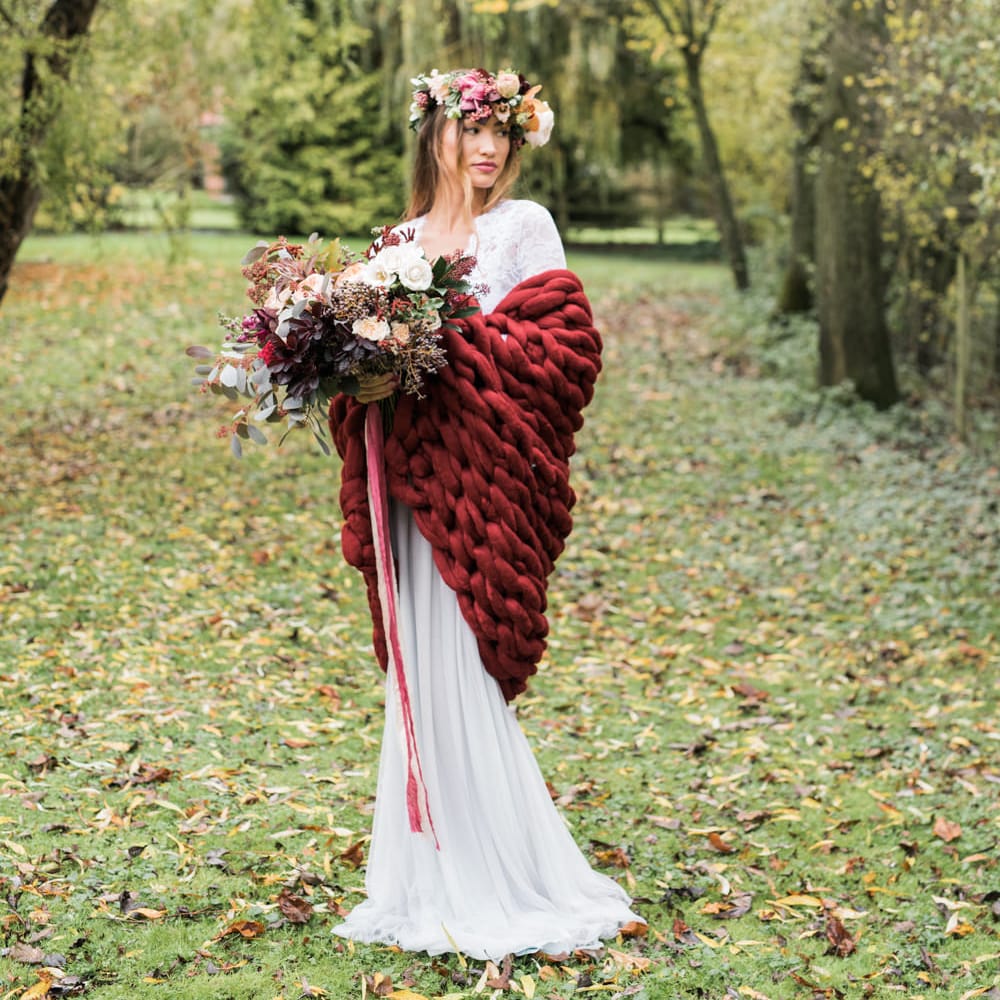 Bride in Giant Wrap | Autumnal Decadence Wedding Inspiration at Twyning Park Styled by For The Love of Weddings | Red, Gold & Blush Colour Scheme | Captured by Katrina Photography