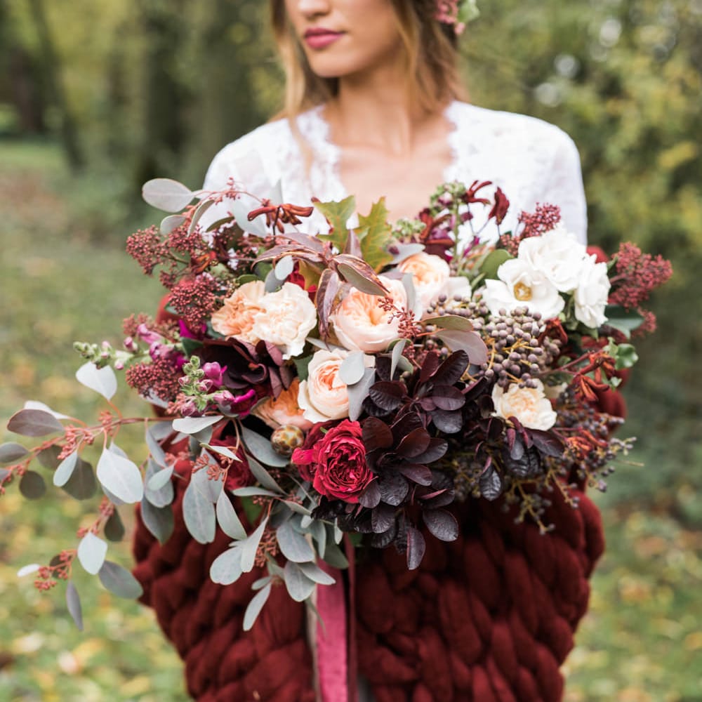 Bride in Giant Wrap & Bouquet | Autumnal Decadence Wedding Inspiration at Twyning Park Styled by For The Love of Weddings | Red, Gold & Blush Colour Scheme | Captured by Katrina Photography