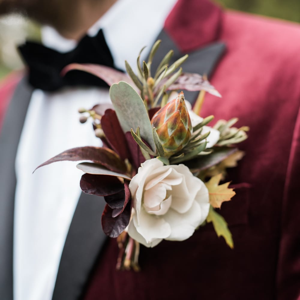 Buttonhole | Autumnal Decadence Wedding Inspiration at Twyning Park Styled by For The Love of Weddings | Red, Gold & Blush Colour Scheme | Captured by Katrina Photography