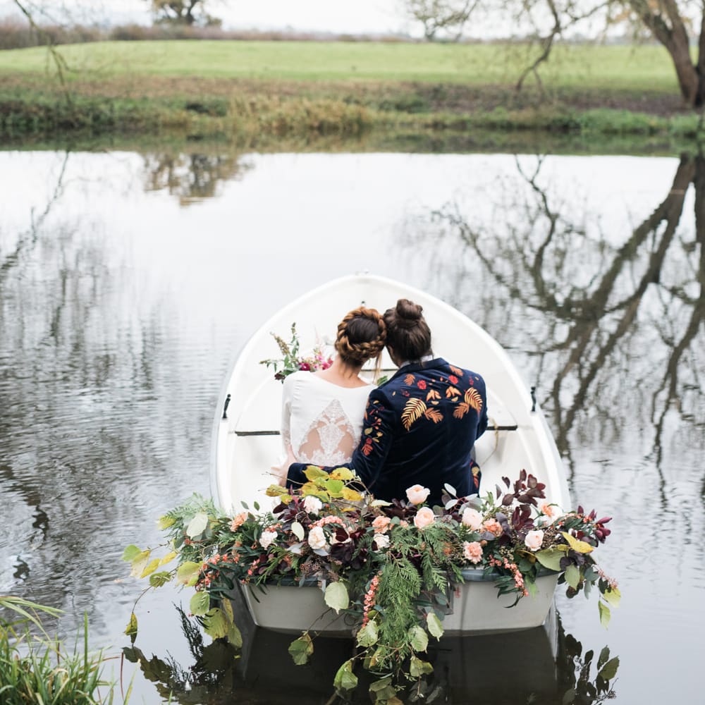 Bride & Groom Boat Portrait | Autumnal Decadence Wedding Inspiration at Twyning Park Styled by For The Love of Weddings | Red, Gold & Blush Colour Scheme | Captured by Katrina Photography