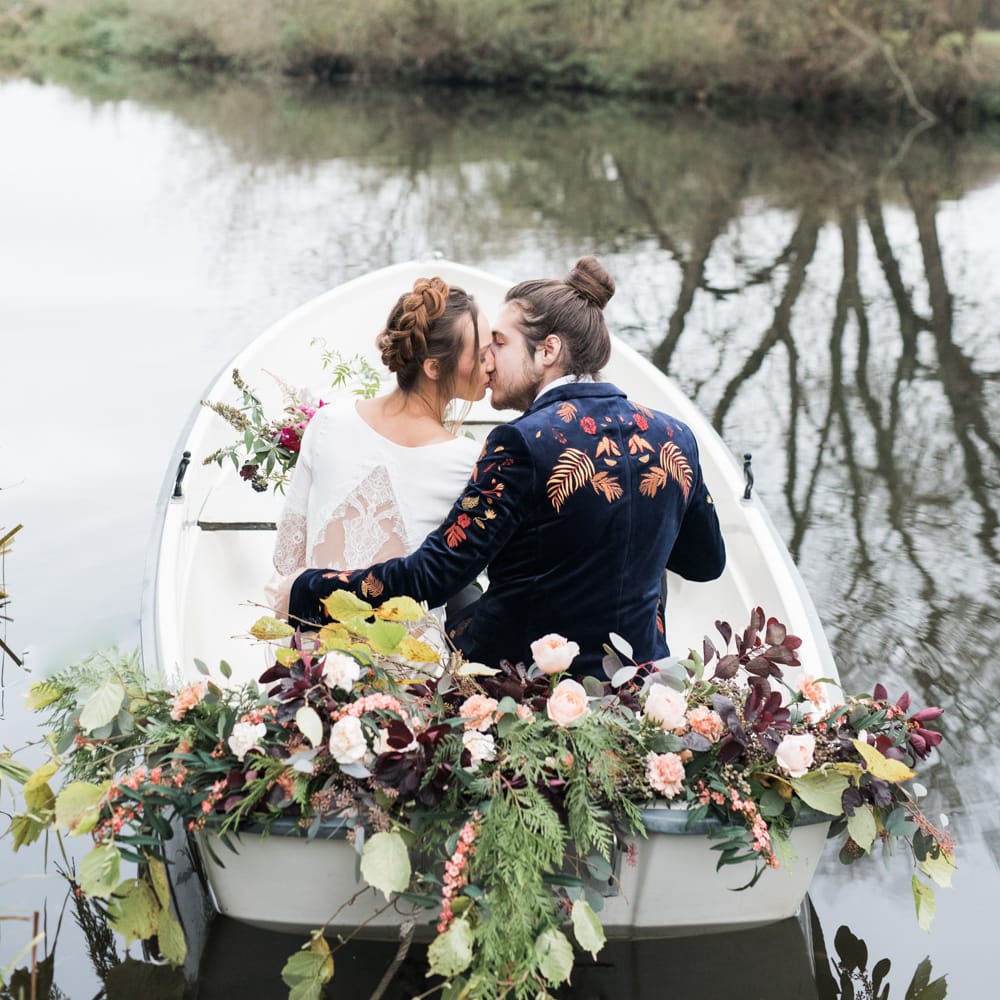 Bride & Groom Boat Portrait | Autumnal Decadence Wedding Inspiration at Twyning Park Styled by For The Love of Weddings | Red, Gold & Blush Colour Scheme | Captured by Katrina Photography