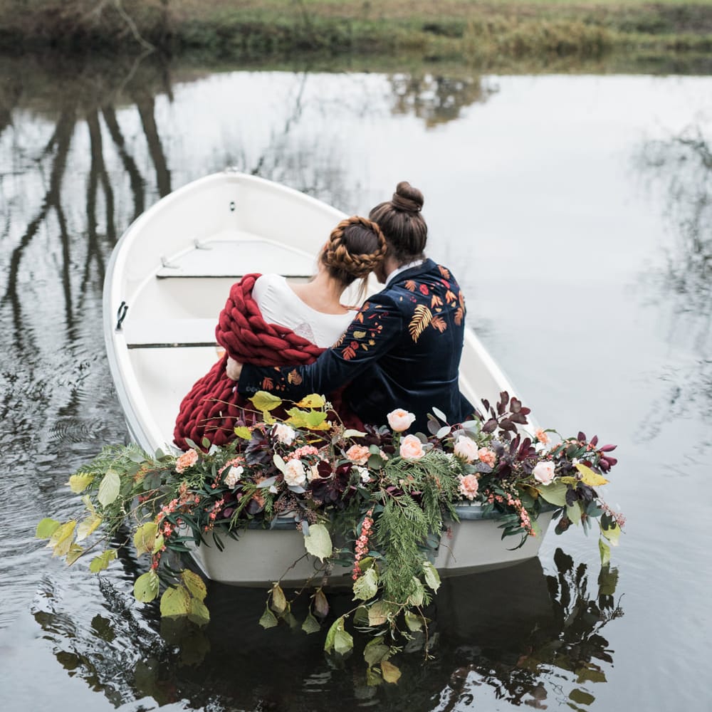Bride & Groom Boat Transport | Autumnal Decadence Wedding Inspiration at Twyning Park Styled by For The Love of Weddings | Red, Gold & Blush Colour Scheme | Captured by Katrina Photography