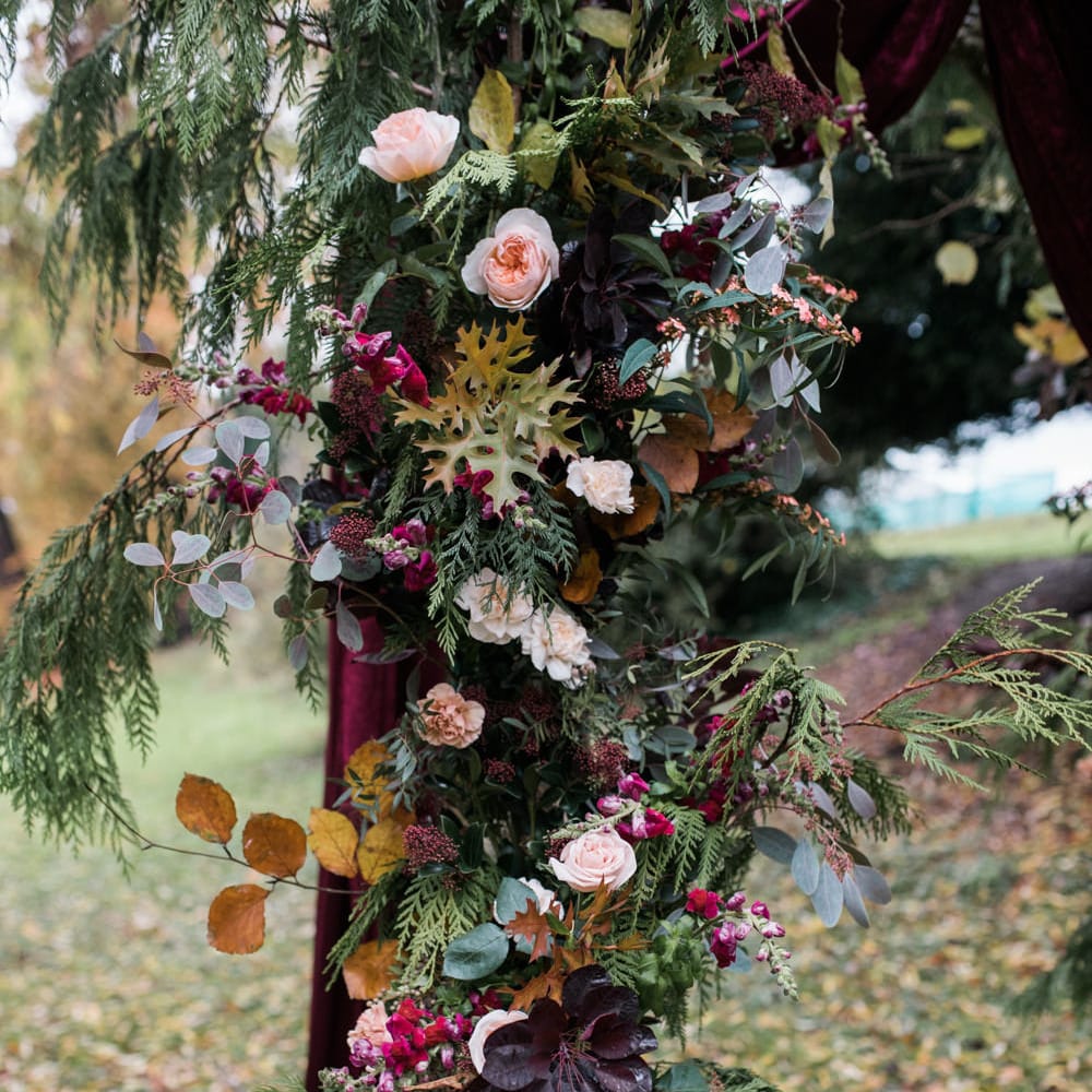 Floral Arch Flowers | Autumnal Decadence Wedding Inspiration at Twyning Park Styled by For The Love of Weddings | Red, Gold & Blush Colour Scheme | Captured by Katrina Photography