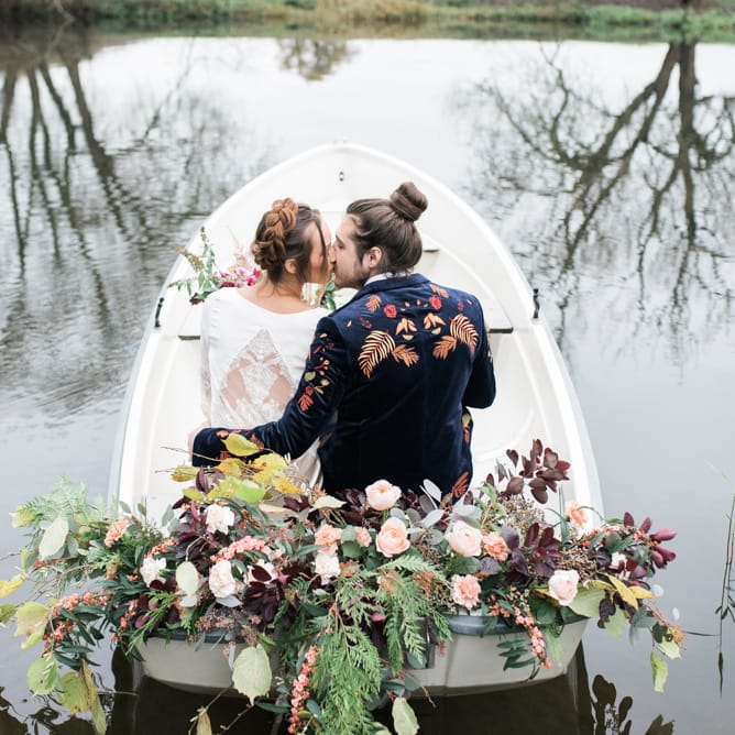 Brid e& Groom on a Boat | Autumnal Decadence Wedding Inspiration at Twyning Park Styled by For The Love of Weddings | Red, Gold & Blush Colour Scheme | Captured by Katrina Photography