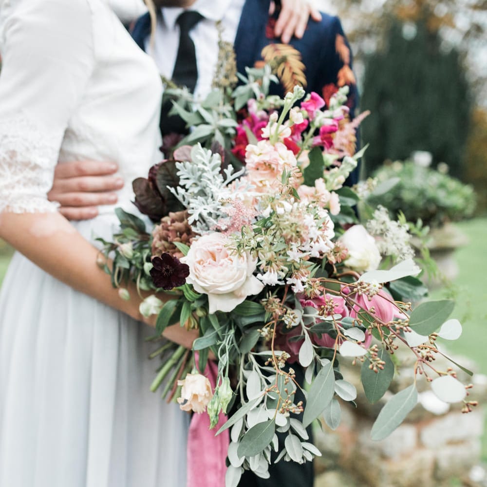 Wedding Bouquet with Pink Ribbon | Autumnal Decadence Wedding Inspiration at Twyning Park Styled by For The Love of Weddings | Red, Gold & Blush Colour Scheme | Captured by Katrina Photography