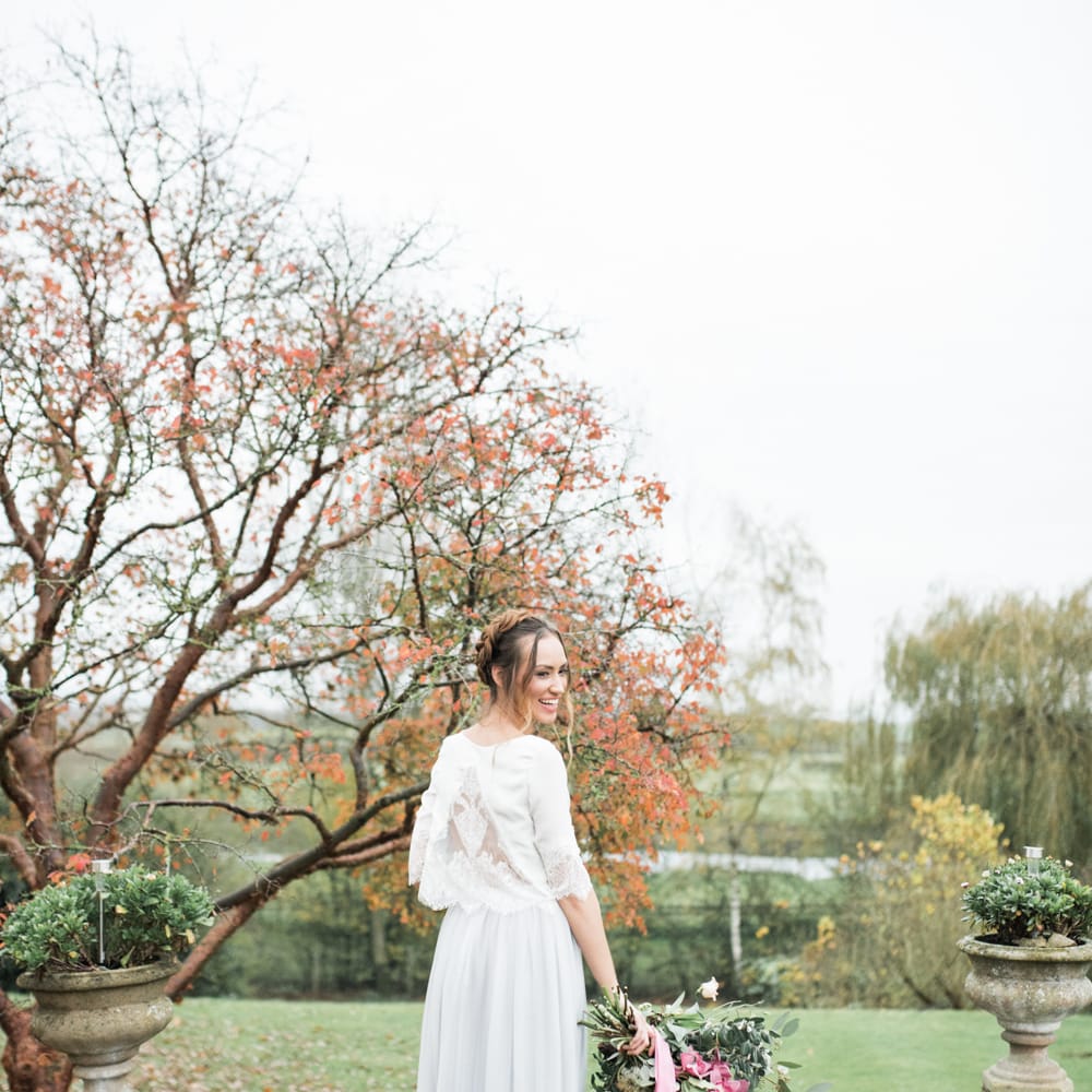 Bride in Lace Back Top | Autumnal Decadence Wedding Inspiration at Twyning Park Styled by For The Love of Weddings | Red, Gold & Blush Colour Scheme | Captured by Katrina Photography