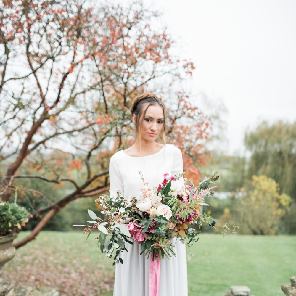 Bride in Blue Tulle Skirt & Lace Top | Autumnal Decadence Wedding Inspiration at Twyning Park Styled by For The Love of Weddings | Red, Gold & Blush Colour Scheme | Captured by Katrina Photography