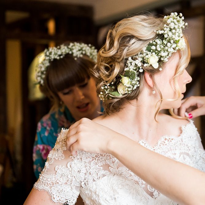 Flower Crown | Bride in Lace Wedding Dress | Groom in Shorts, Braces & Bow Tie | Coastal Wedding at Driftwood Spas St Agnes, Cornwall | Jessica Grace Photography