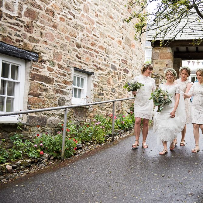Bridal Party | Bride in Lace Wedding Dress | Bridesmaid in White Lace Dresses | Coastal Wedding at Driftwood Spas St Agnes, Cornwall | Jessica Grace Photography