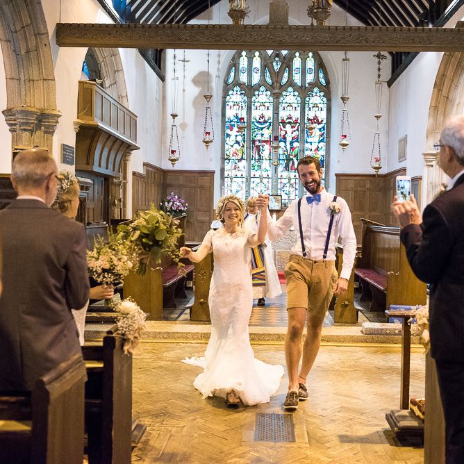 Wedding Ceremony | Bride in Lace Wedding Dress | Groom in Shorts, Braces & Bow Tie | Coastal Wedding at Driftwood Spas St Agnes, Cornwall | Jessica Grace Photography