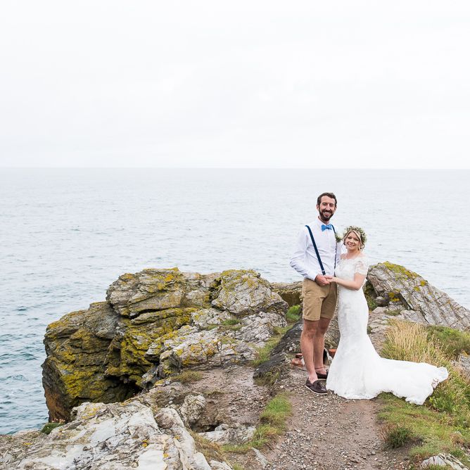 Bride in Lace Wedding Dress | Groom in Shorts, Braces & Bow Tie | Coastal Wedding at Driftwood Spas St Agnes, Cornwall | Jessica Grace Photography