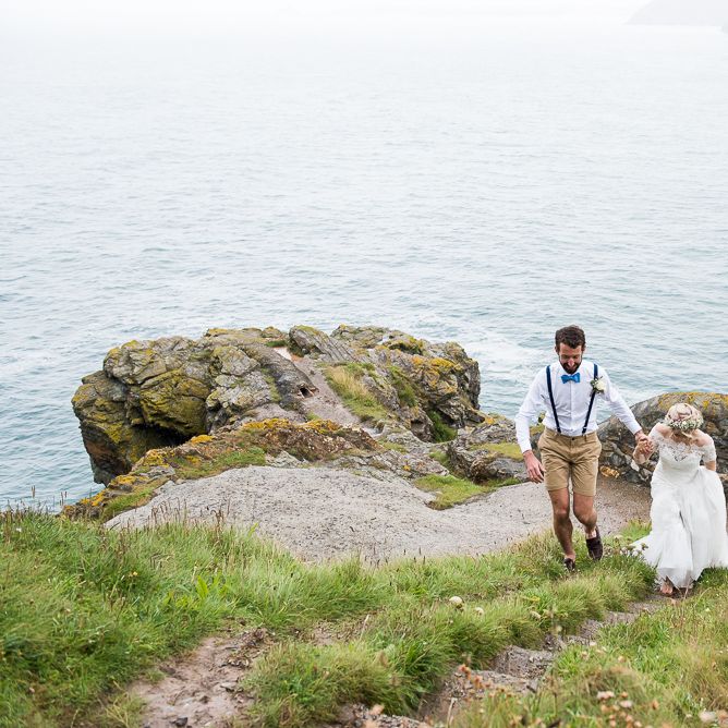 Bride in Lace Wedding Dress | Groom in Shorts, Braces & Bow Tie | Coastal Wedding at Driftwood Spas St Agnes, Cornwall | Jessica Grace Photography
