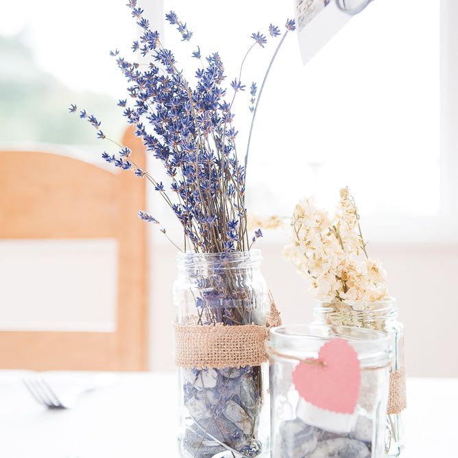 Lavender in Jars Table Decor | Coastal Wedding at Driftwood Spas St Agnes, Cornwall | Jessica Grace Photography