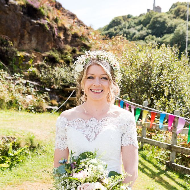 Bride in Lace Bardot Dress with Flower Crown | Coastal Wedding at Driftwood Spas St Agnes, Cornwall | Jessica Grace Photography