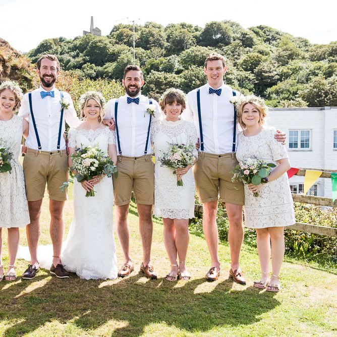 Wedding Party | Groomsmen in Shorts | Bridesmaids in White Lace Dresses | Coastal Wedding at Driftwood Spas St Agnes, Cornwall | Jessica Grace Photography