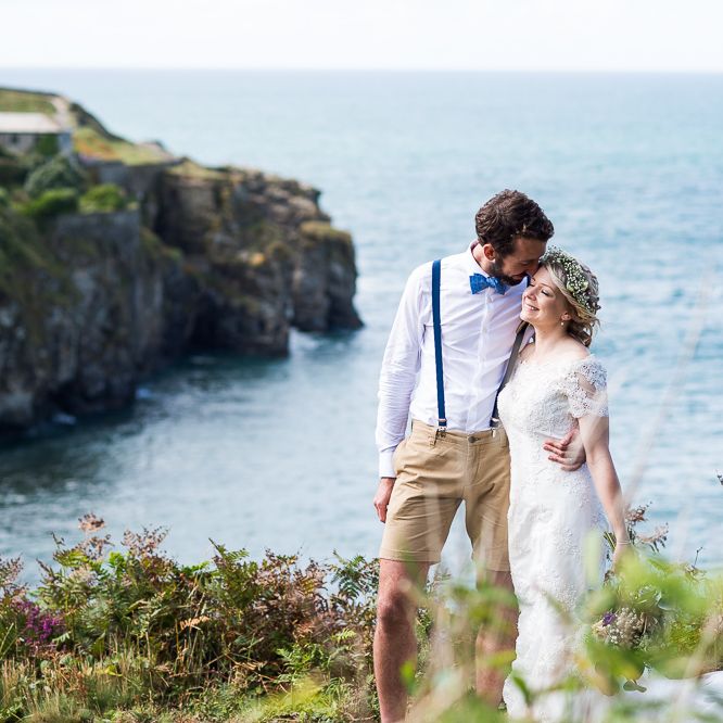 Bride in Lace Wedding Dress | Groom in Shorts, Braces & Bow Tie | Coastal Wedding at Driftwood Spas St Agnes, Cornwall | Jessica Grace Photography