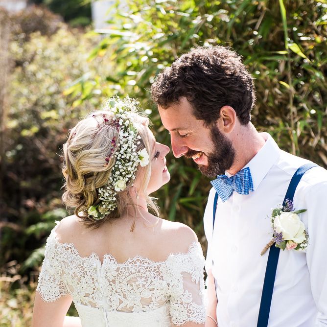 Bride in Lace Wedding Dress | Groom in Shorts, Braces & Bow Tie | Coastal Wedding at Driftwood Spas St Agnes, Cornwall | Jessica Grace Photography