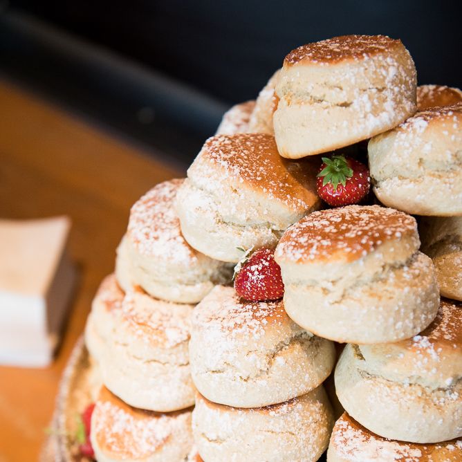 Scone Tower Wedding Cake | Coastal Wedding at Driftwood Spas St Agnes, Cornwall | Jessica Grace Photography