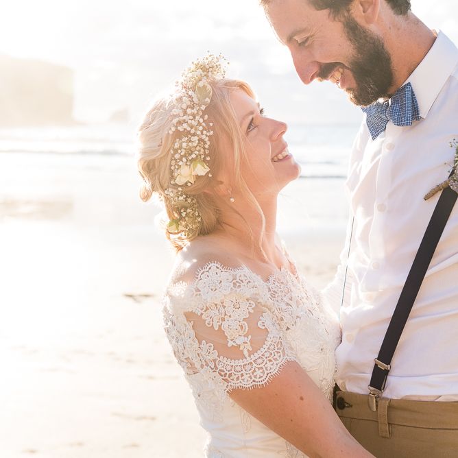 Bride in Lace Wedding Dress | Groom in Shorts, Braces & Bow Tie | Coastal Wedding at Driftwood Spas St Agnes, Cornwall | Jessica Grace Photography