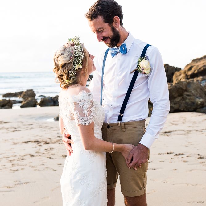 Bride in Lace Wedding Dress | Groom in Shorts, Braces & Bow Tie | Coastal Wedding at Driftwood Spas St Agnes, Cornwall | Jessica Grace Photography