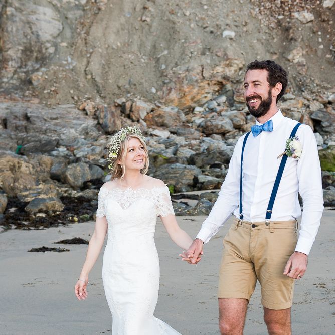 Beach | Bride in Lace Wedding Dress | Groom in Shorts, Braces & Bow Tie | Coastal Wedding at Driftwood Spas St Agnes, Cornwall | Jessica Grace Photography