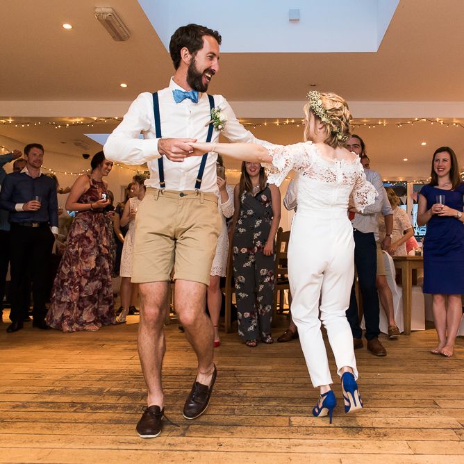 First Dance Bride in Jumpsuit | Groom in Shorts, Braces & Bow Tie | Coastal Wedding at Driftwood Spas St Agnes, Cornwall | Jessica Grace Photography