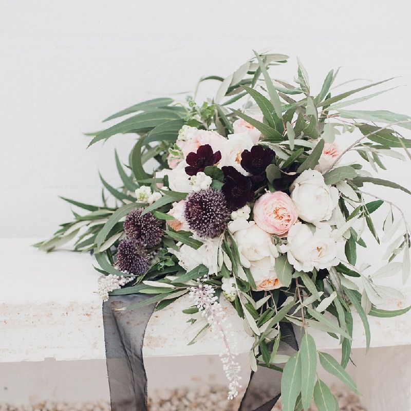 Oversized Wedding Bouquet With Plum Colour Accents And Silk Ribbon