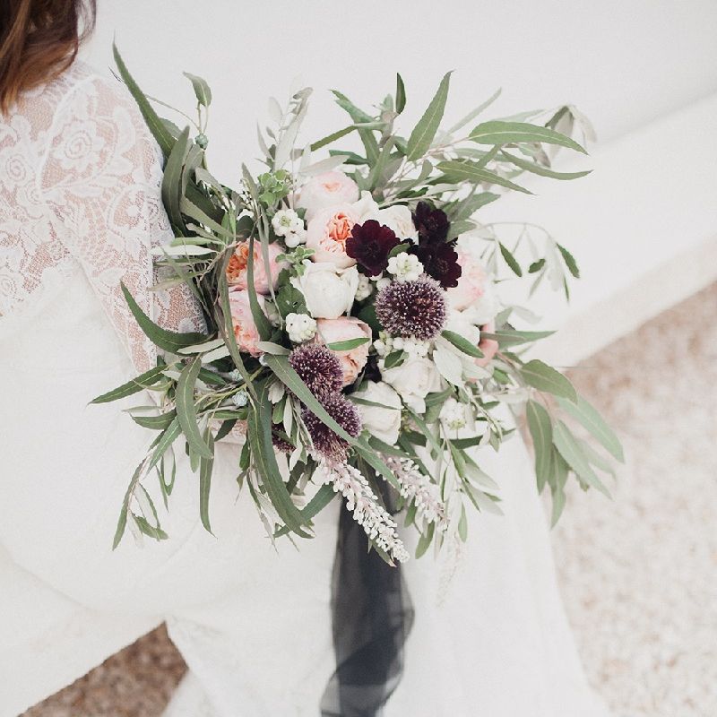 Oversized Wedding Bouquet With Plum Colour Accents And Silk Ribbon