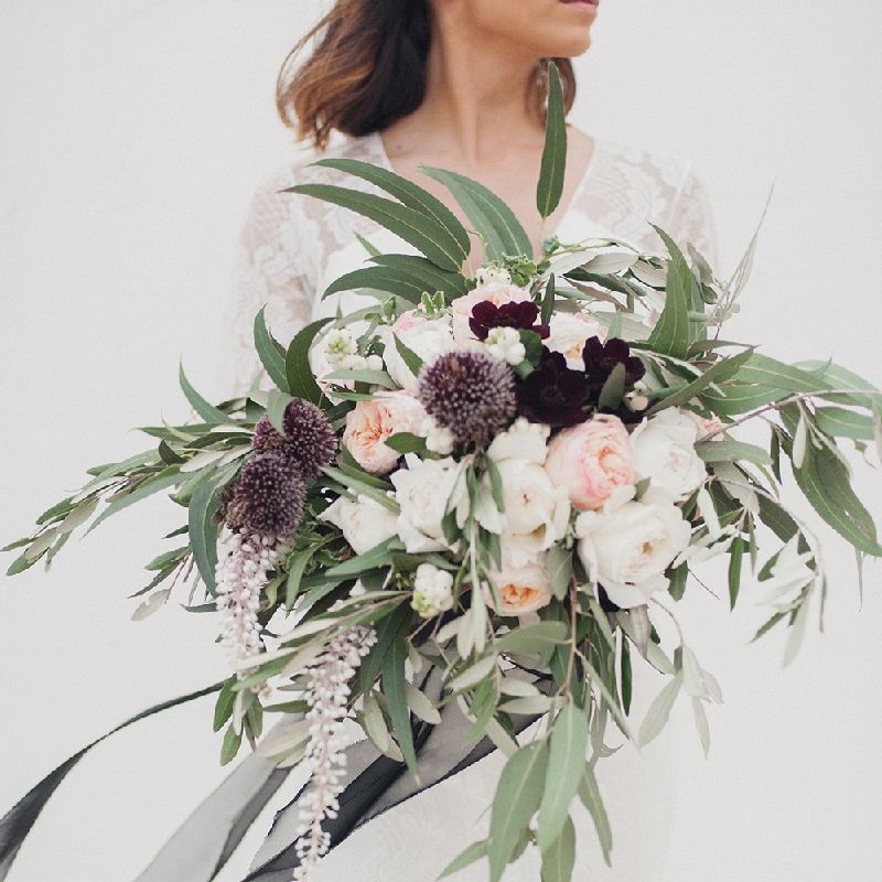 Oversized Wedding Bouquet With Plum Colour Accents And Silk Ribbon