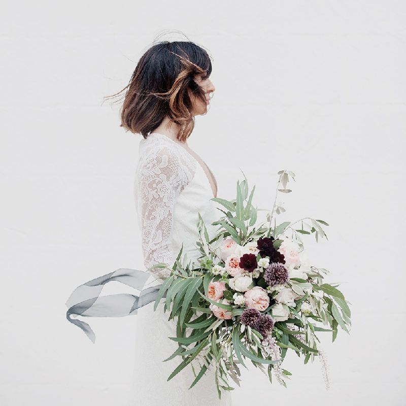 Oversized Wedding Bouquet With Plum Colour Accents And Silk Ribbon