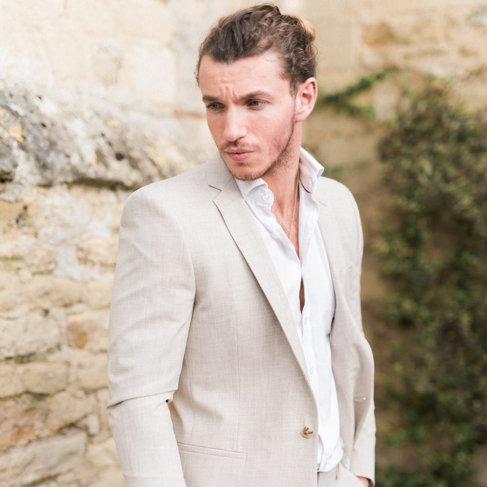Groom in Light Beige Linen Suit | Romantic Blush Wedding Inspiration by The Wedding Stylist at Notley Abbey with Joanna Truby Flowers | Emma Pilkington Photography | Opaline Films