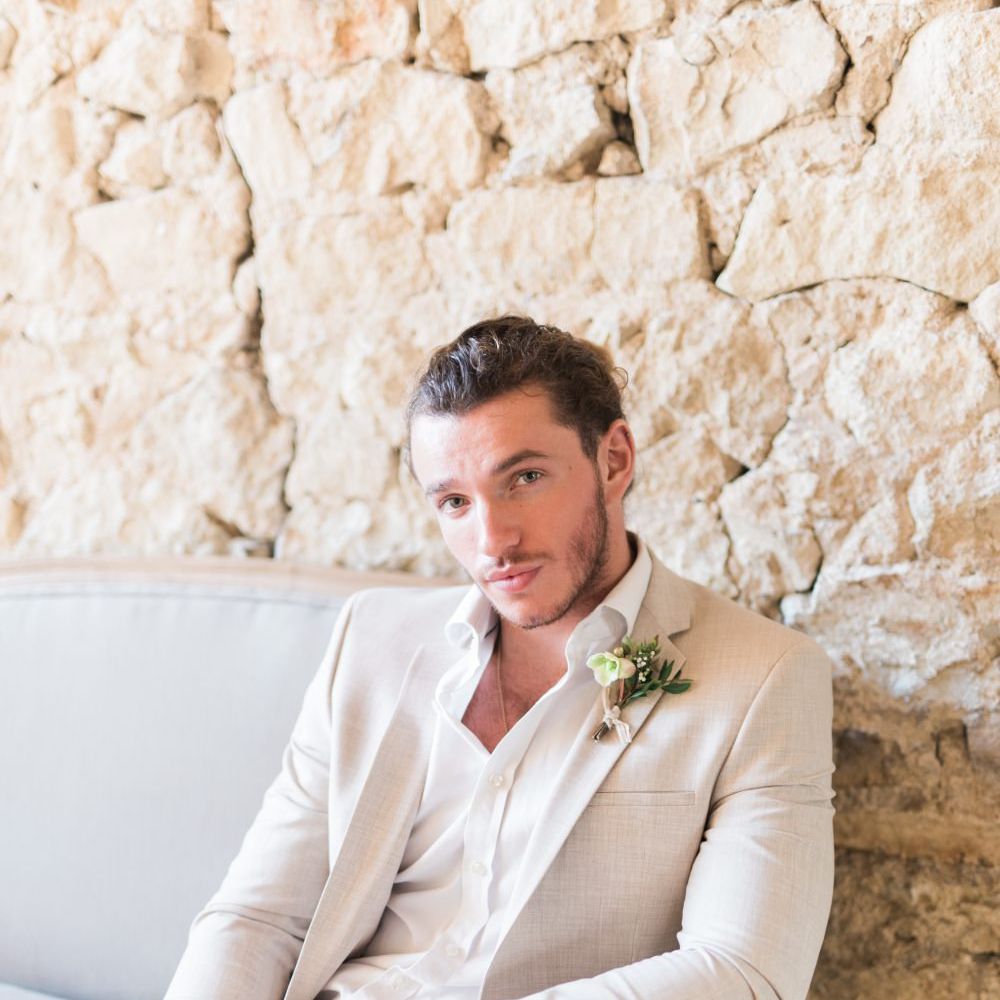 Groom in Beige Linen Suit | Romantic Blush Wedding Inspiration by The Wedding Stylist at Notley Abbey with Joanna Truby Flowers | Emma Pilkington Photography | Opaline Films