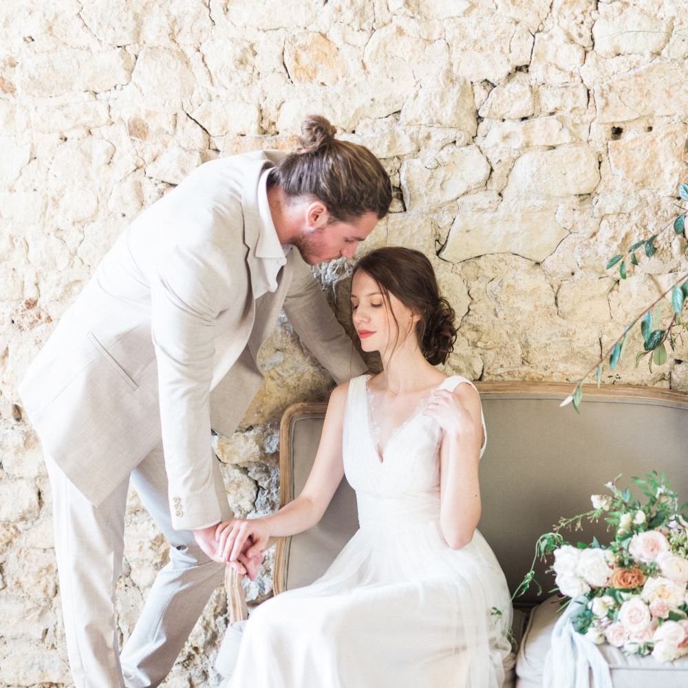Bride in Cherry Williams Gown | Groom in Beige Suit | Romantic Blush Wedding Inspiration by The Wedding Stylist at Notley Abbey with Joanna Truby Flowers | Emma Pilkington Photography | Opaline Films
